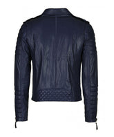 Men Motorcycle Leather Jacket Dark Blue SkinOutfit